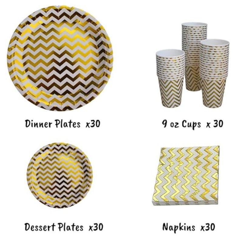 120 Pieces Disposable Party Set Dinnerware Premium Gold Zigzag Design For Ramadan & Eid