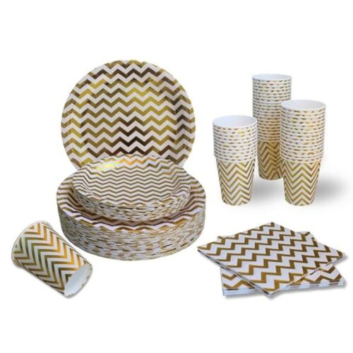 120 Pieces Disposable Party Set Dinnerware Premium Gold Zigzag Design For Ramadan & Eid