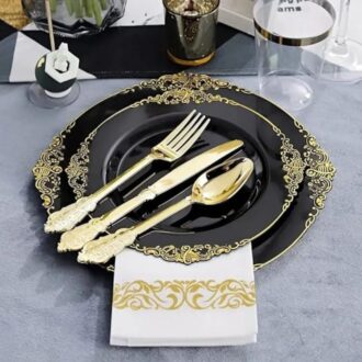 75 Pieces of Premium Quality Flatware Elegant Gold Plastic Hammered Disposable Cutlery Set Spoons knives and Forks For Wedding Birthday Ramadan Eid Dinner party